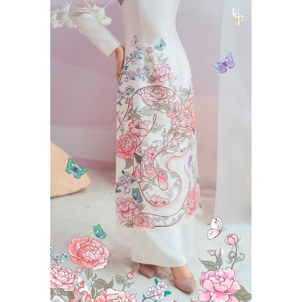 Áo dài Lép Lệ hoa - Hồng phấn "hoat tiết hoa phối họa tiết rắn"
