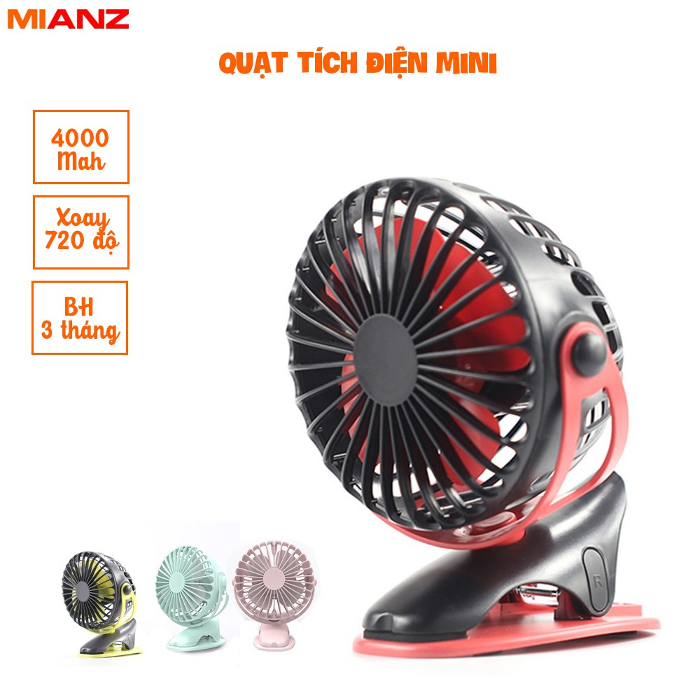 Quạt tích điện mini PIN ĐẾN 20H kẹp xoay 720 độ - BH 3 tháng - Mianz Store