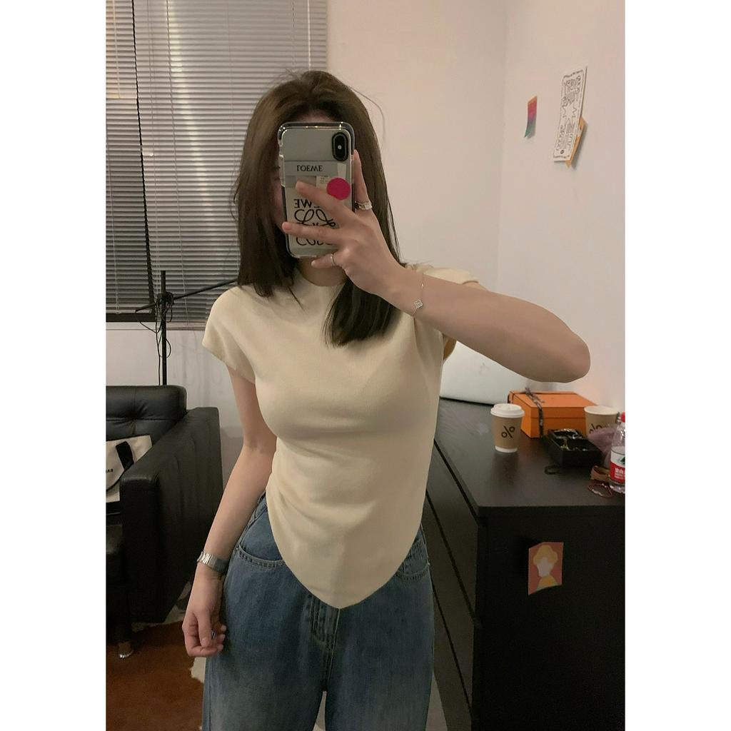 ZHELIHANGFEI Classy Ouni Slimmer Áo Dệt Kim Ngắn Tay Cổ Đứng Cỡ Nhỏ Phong Cách Chị Em Hàn Quốc Arc Edge A4