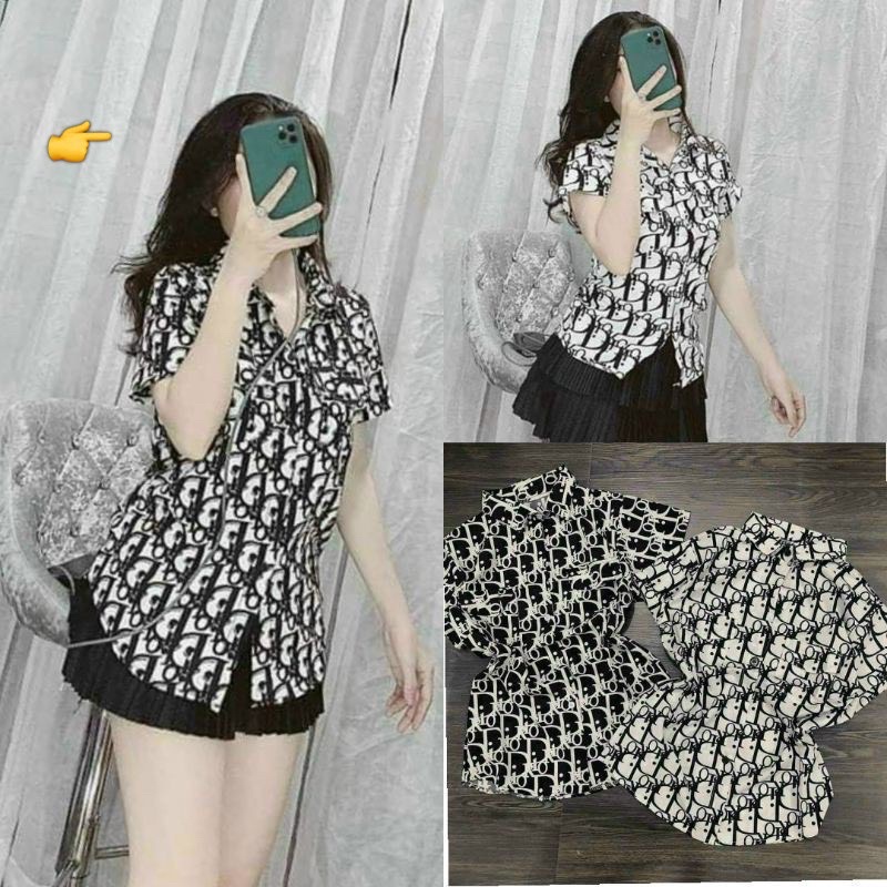 Áo somi kate hoạ tiết tay ngắn - HÀNG THIẾT KẾ CAO CẤP - B8U
