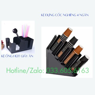 COMBO Kệ đựng cốc nghiêng 4 ngăn + Kệ đựng ống hút giấy ăn