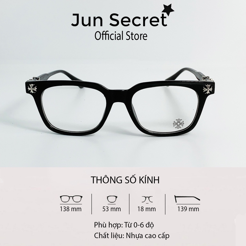 Gọng kính mắt nam nữ thời trang Jun Secret gọng vuông ôm mặt viền kính đính kim loại, hiện đại nhiều màu sắc JS22A73