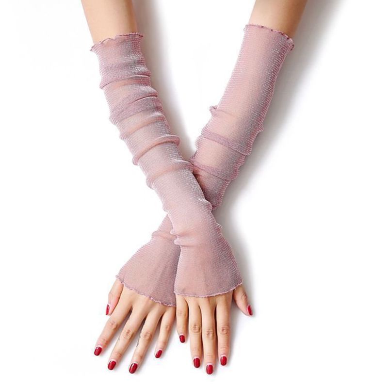 Găng tay dài phối ren lưới màu trơn chống tia UV màu sắc lấp lánh thời trang cho nữ