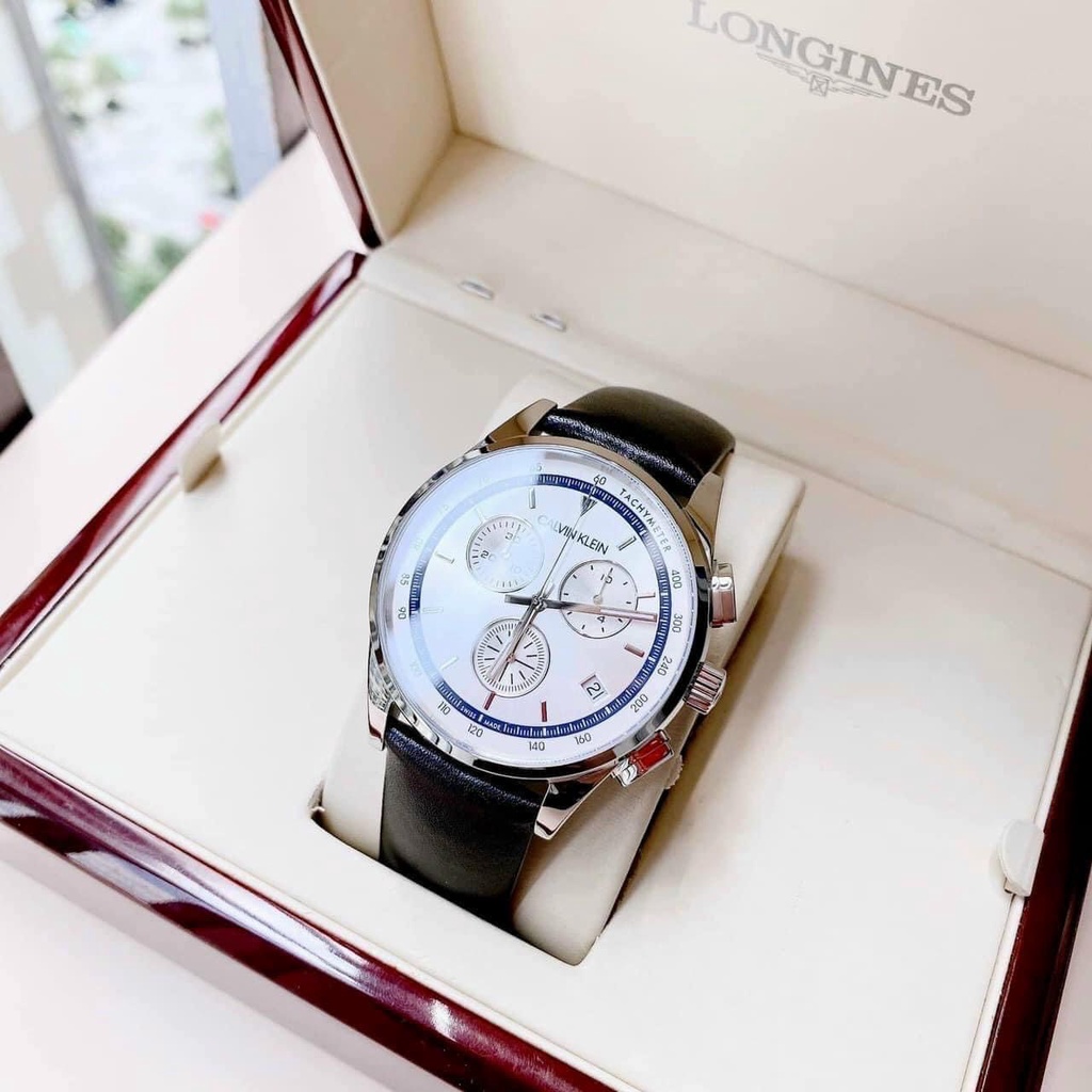 Đồng hồ nam Calvin Klein dây da đen, mặt tông trắng phối xanh KAM271C6