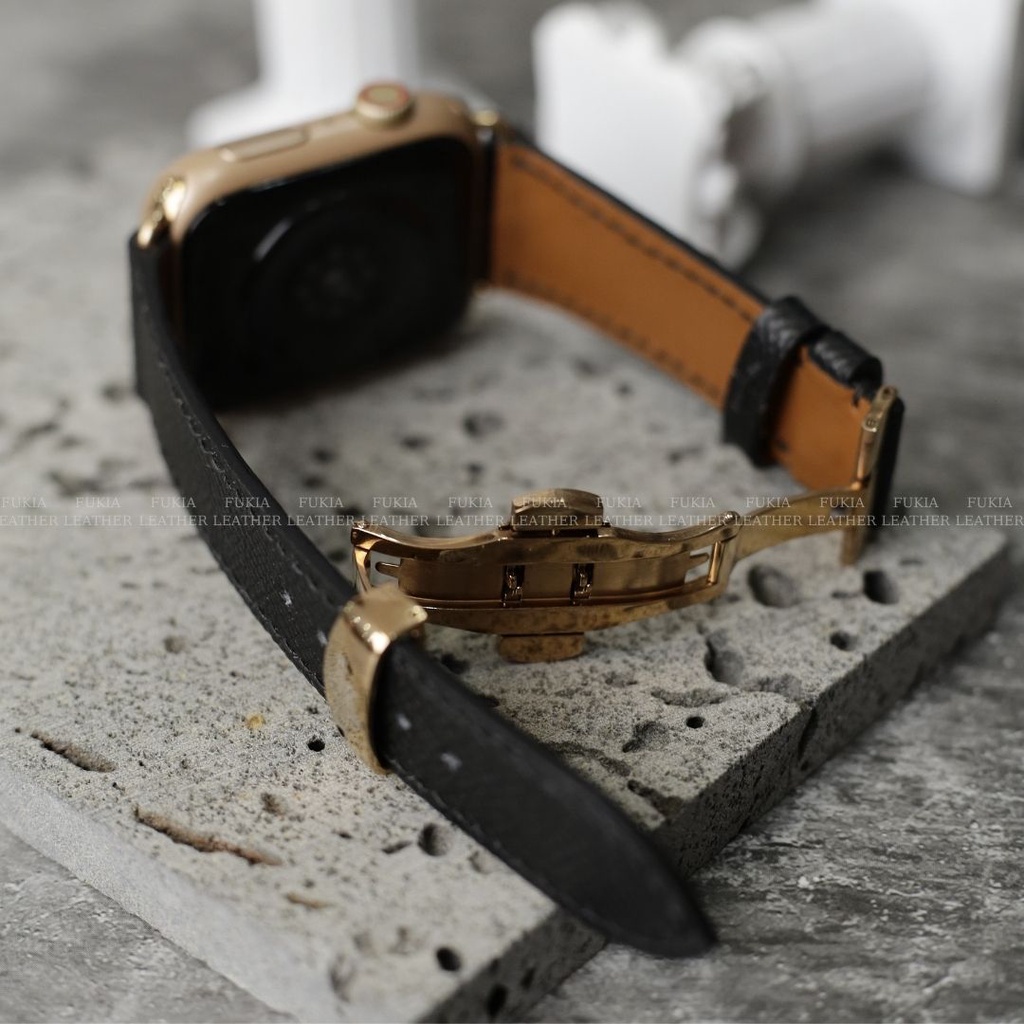 Dây da thủ công Epsom Đen dành cho Apple Watch, đồng hồ thông minh, đồng hồ cơ