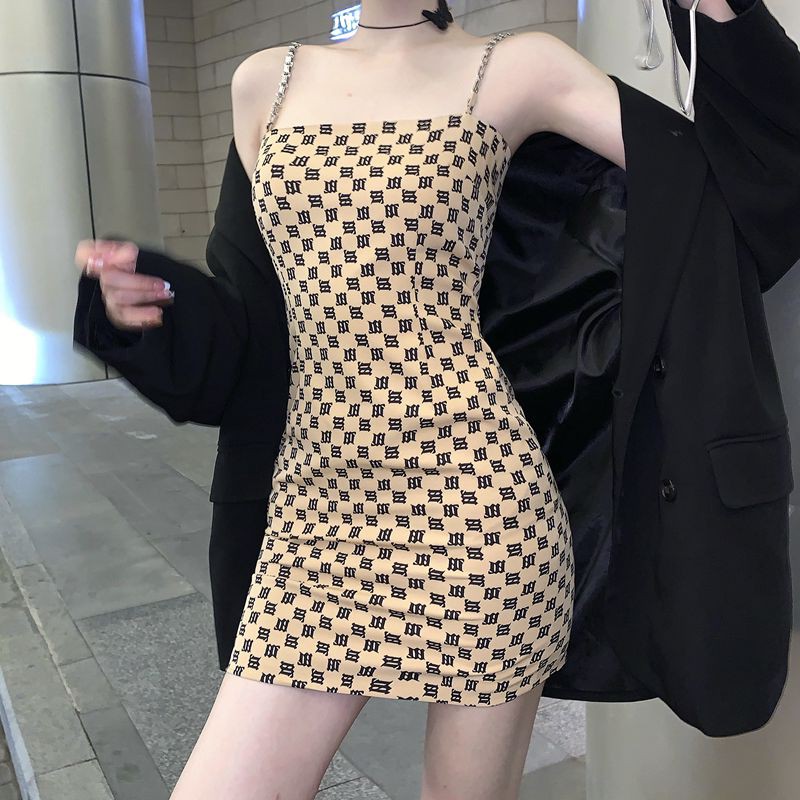 2021 Spring New Slim Temperament Tidal Brand Sling Dress Female One-Shoulder Net Red Lattice Small Bottom Skirt