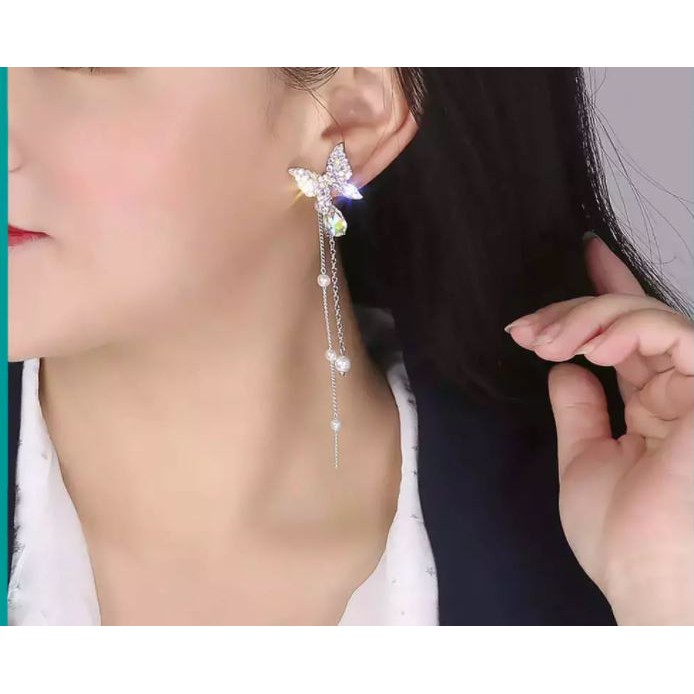 Bông tai nữ dự tiệc dáng dài bạc s925 phong cách tiểu thư, đính đá lấp lánh, phong cách Hàn Quốc siêu dễ thương BSTKDS