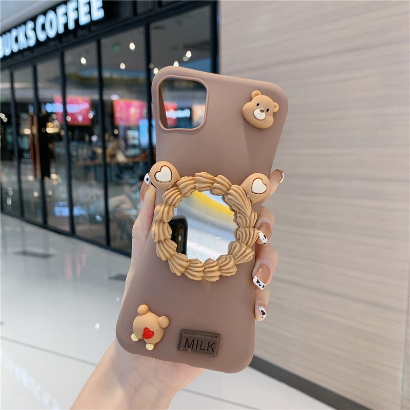 iPhone 13 12 11 Pro X XS Max XR 6 6S 7 8 Plus SE 2020 Phone Case Soft Cartoon Bear with Mirror