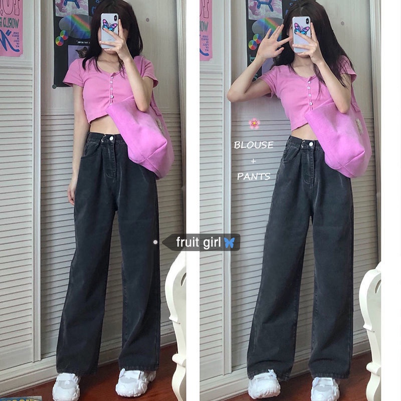 Jiashucheng Quần Jean Nữ Ống Rộng Lưng Cao Phong Cách Hàn Quốc Mới