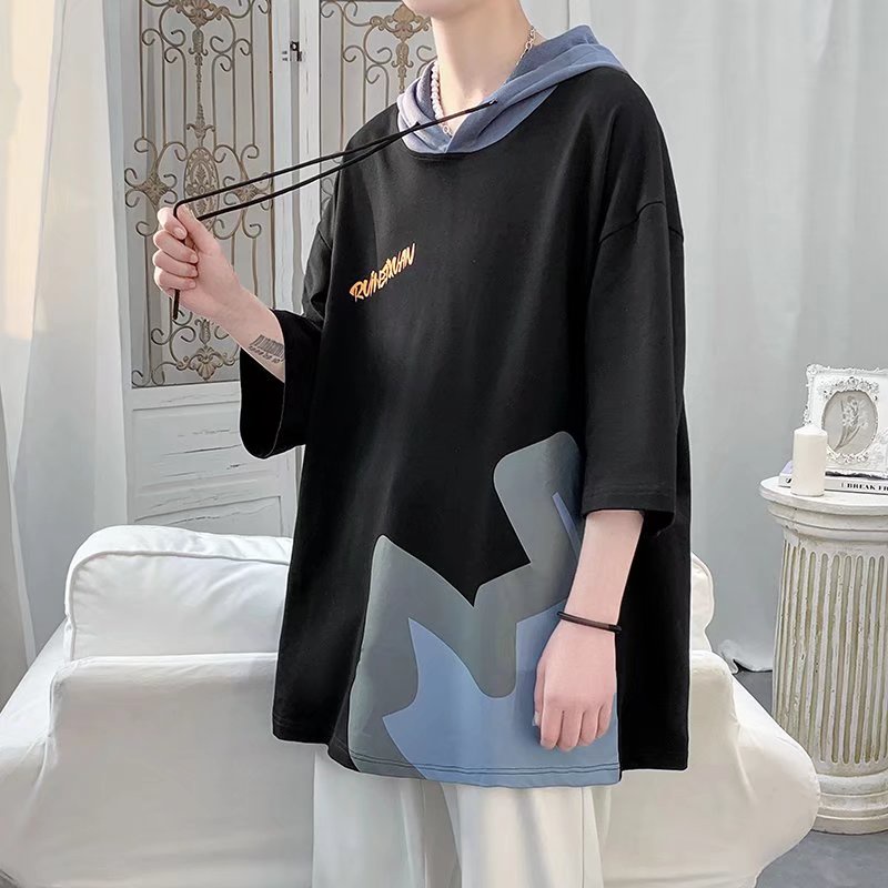 Áo Hoodie Tay Ngắn Dáng Rộng In Chữ Phong Cách Hàn Quốc Thời Trang Cho Nam Size M-3XL