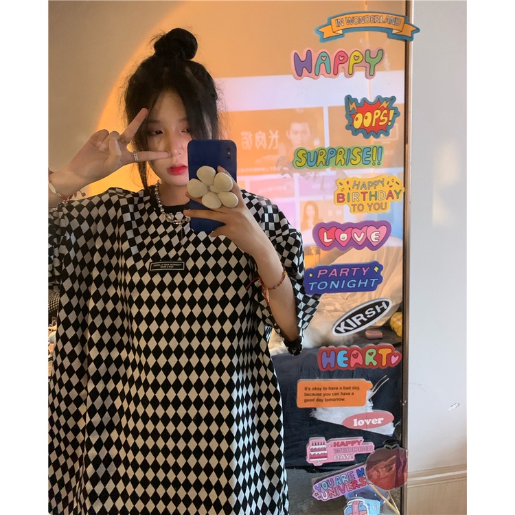 Áo Thun Nữ Ngắn Tay Cổ Tròn Họa Tiết Caro Phong Cách Harajuku retro