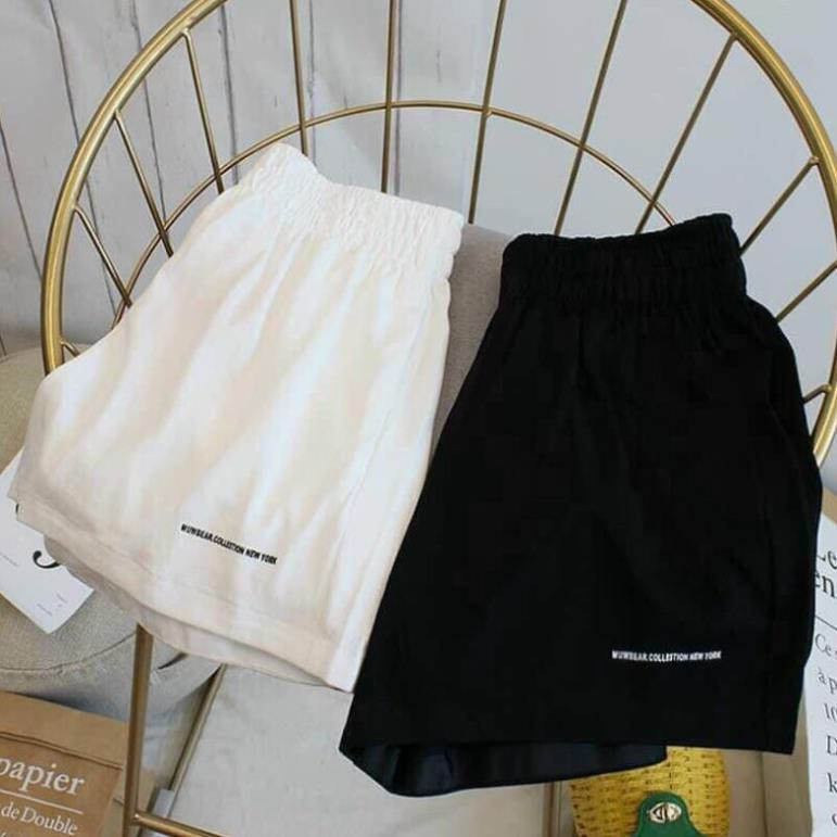 Quần Short Đũi Thêu Chữ Nhỏ Quần đùi nữ ống rộng Sooc cạp chun màu trắng đen