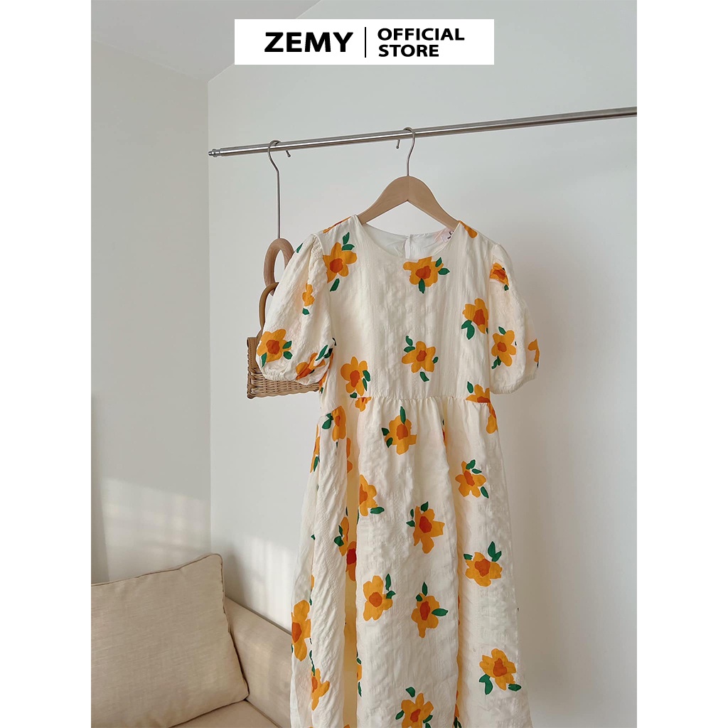 Váy babydoll dáng dài tay phồng bồng đầm maxi đi biển màu trắng hoa nhí vintage nữ