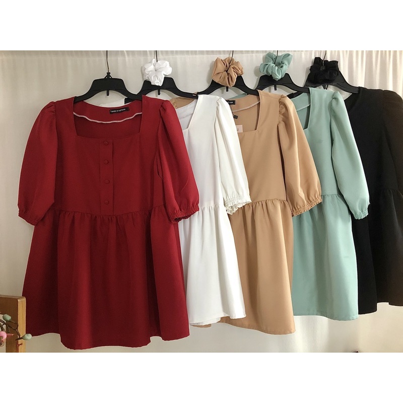 Áo babydoll cổ vuông tay phồng 7 màu siêu xinh tặng kèm scrunchie cùng màu