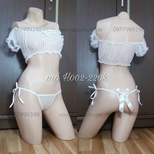 set đồ ngủ chấm bi dáng áo quây kèm quần chip buộc dây mềm mại thoáng mát