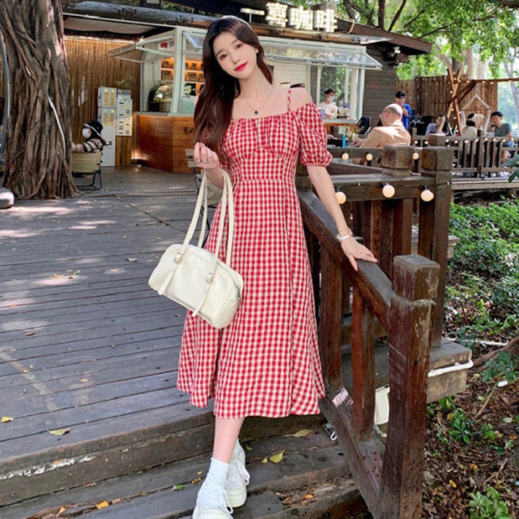 Đầm Tay Ngắn Họa Tiết Sọc Caro Ngọt Ngào Thời Trang Mùa Hè