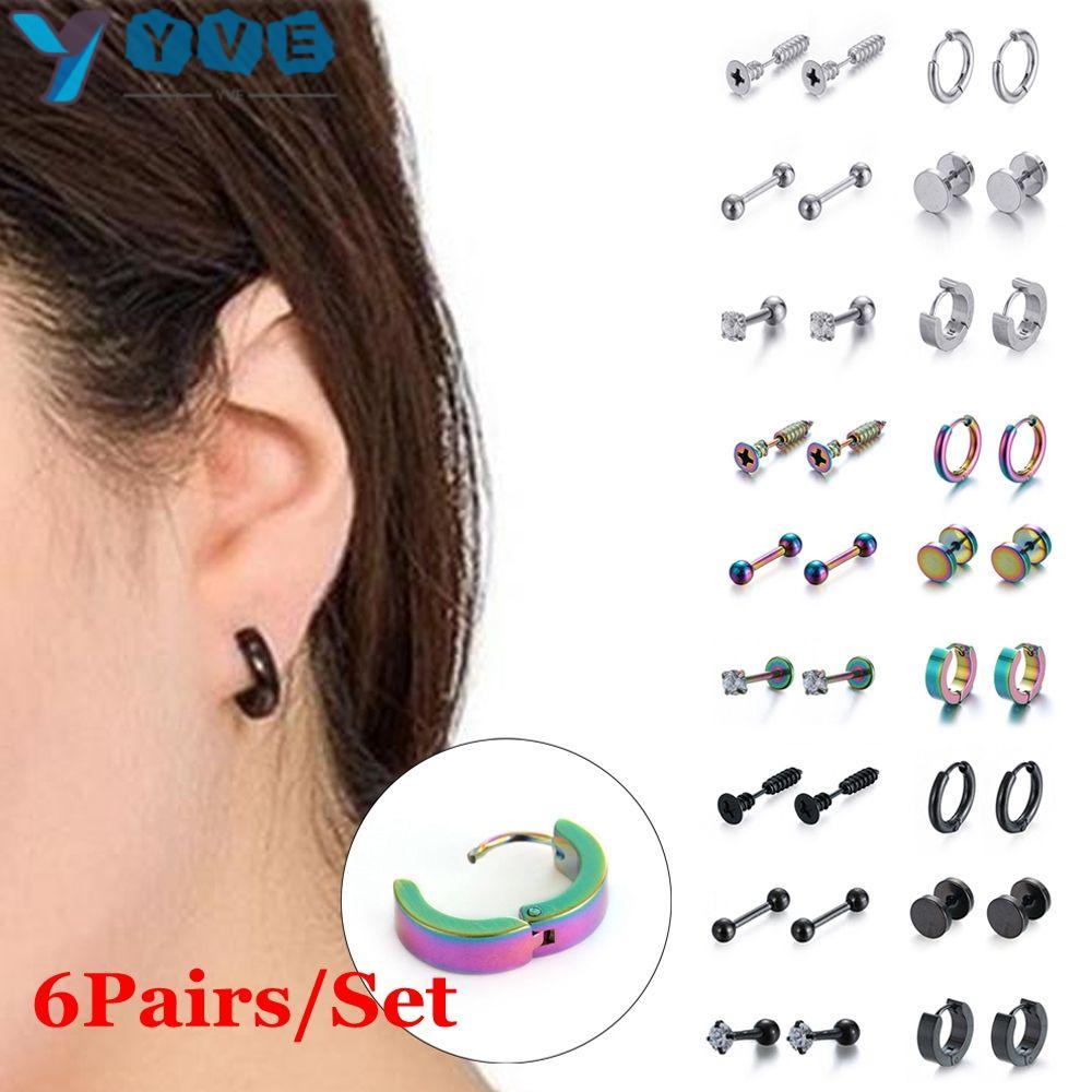 Set 6 cặp khuyên tai tròn bằng thép không gỉ màu đen phong cách gothic cho nam và nữ