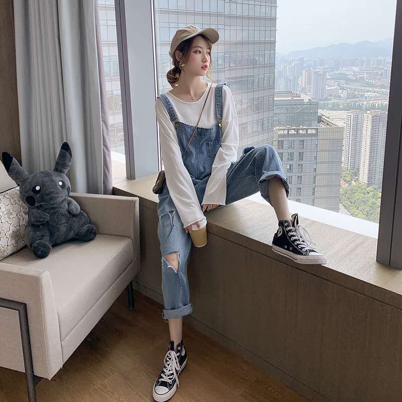 Quần Yếm Denim Dáng Rộng Thiết Kế Rách Thời Trang Xuân Thu Phong Cách Hàn Quốc Mới