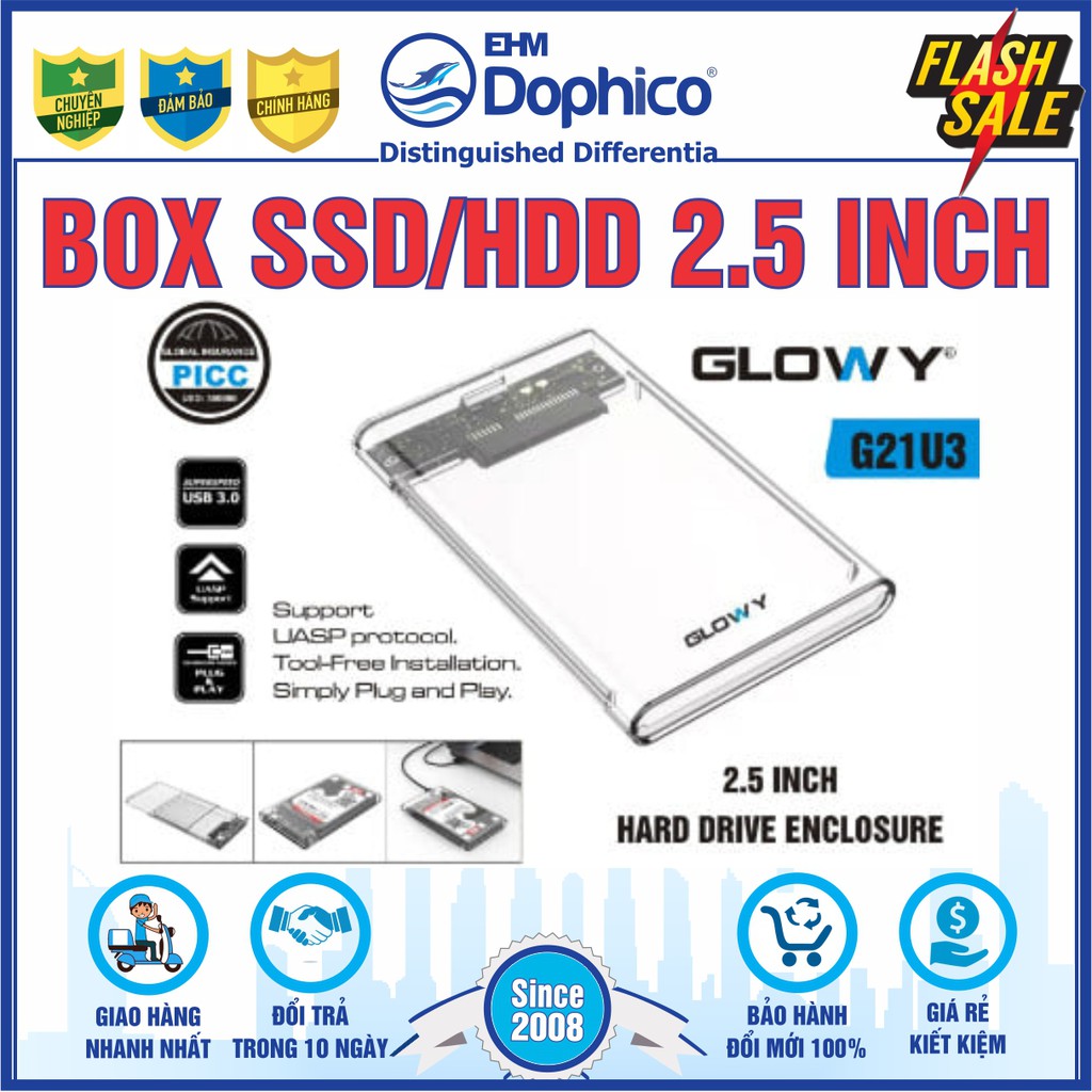 Box ổ cứng SSD/HDD 2,5&quot; Gloway G21U3 - Sata3.0 – USB3.0 - Nhựa ABS trong suốt – CHÍNH HÃNG – Bảo hành 12 tháng