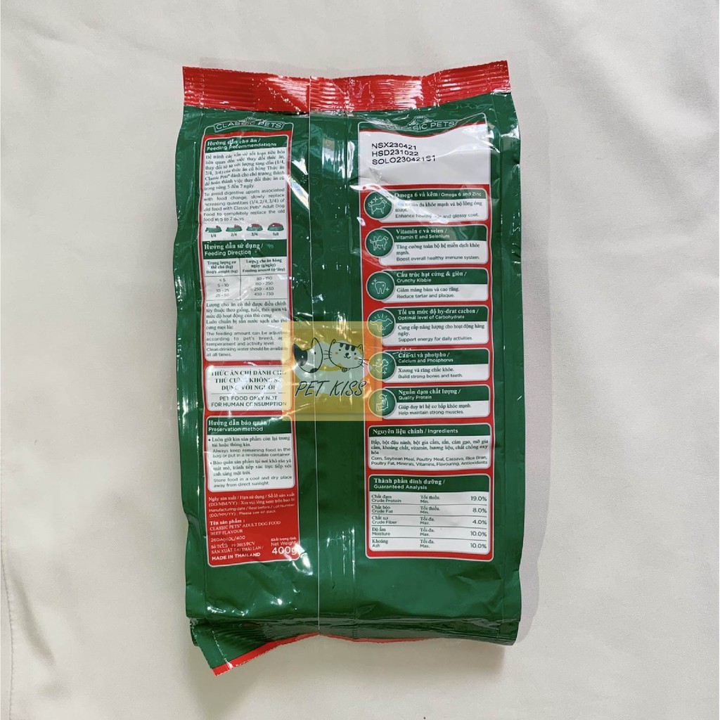 Thức ăn hạt cho Chó trưởng thành Classic Pets - Hương vị thịt bò, Gói 400g