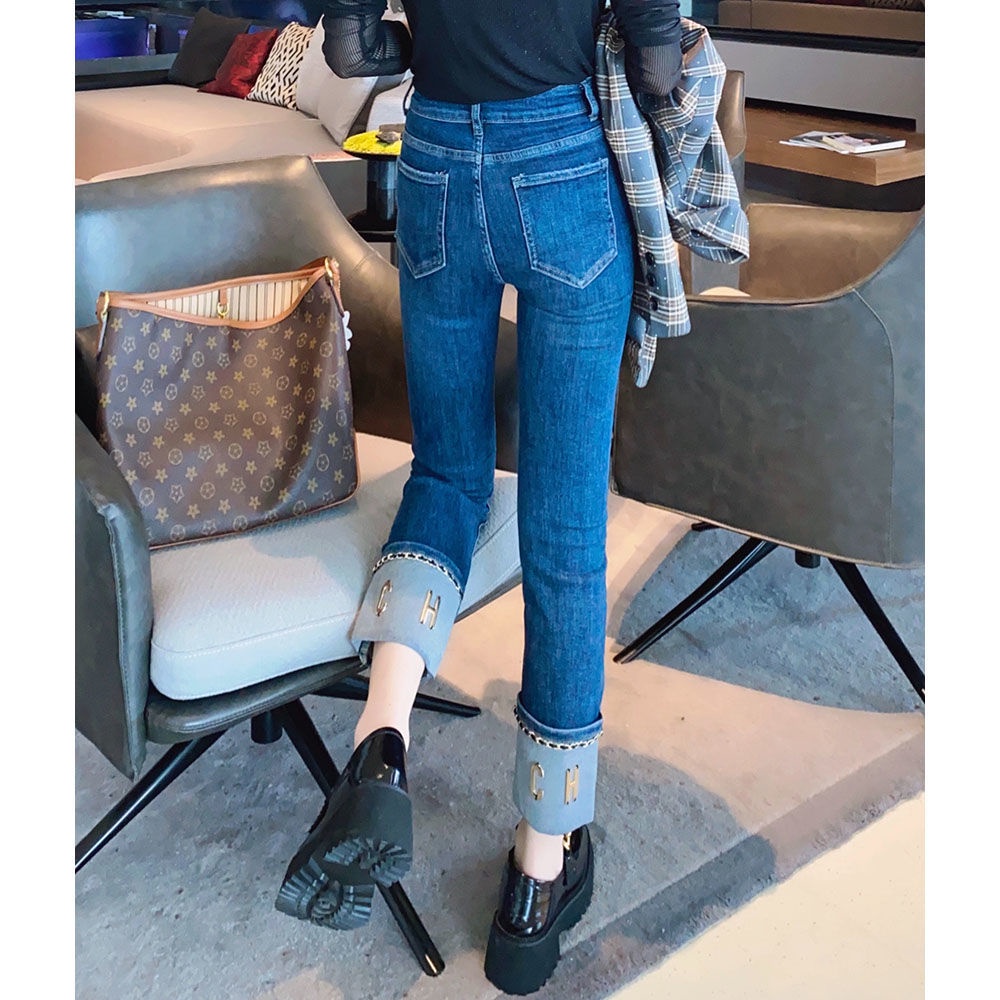 Quần Jean Lưng Cao Dáng Suông Thẳng Thiết Kế Hình Điếu Thuốc