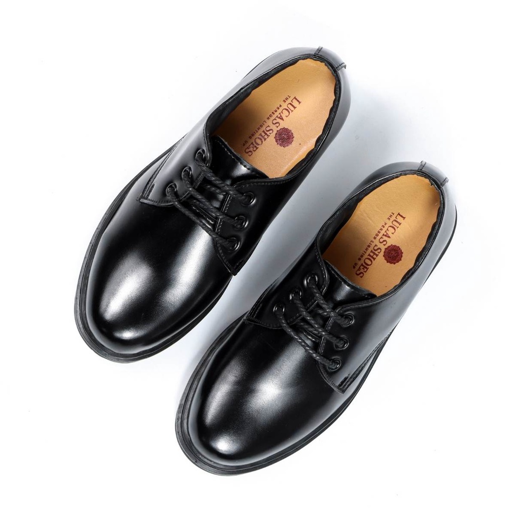 Giày da Dr 1461 All Black Lucas Shoes, kiểu dáng đốc trẻ trung đủ size cho nam nữ, da bóng, cao 3.5cm khâu đế
