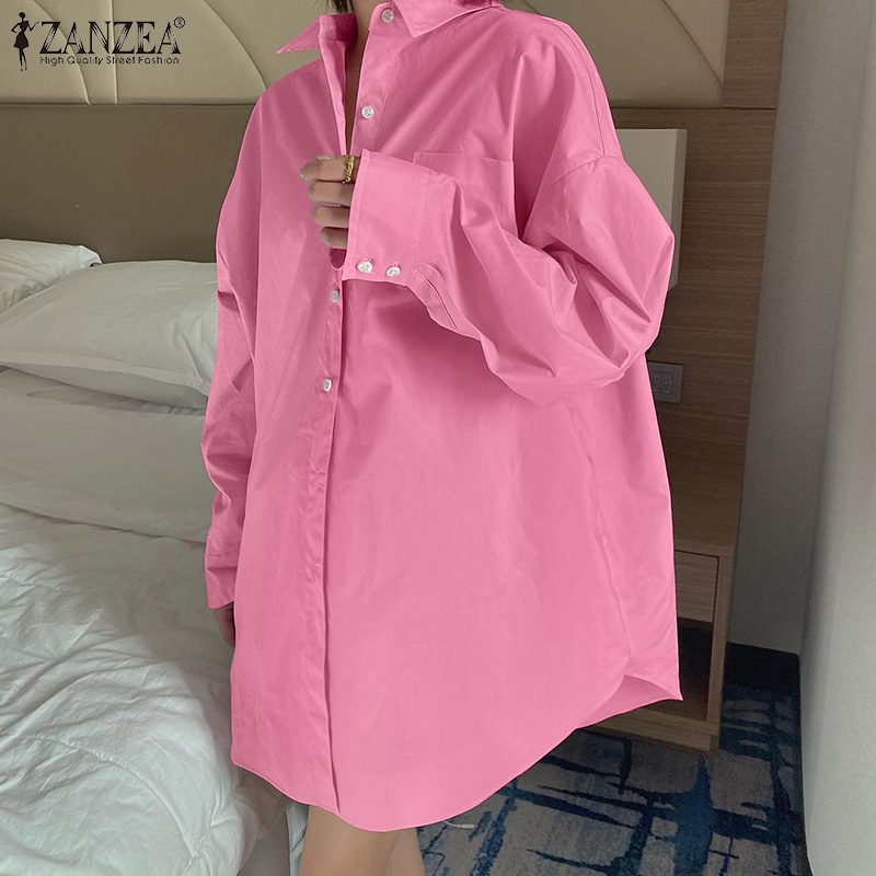 Áo ZANZEA cổ lật tay dài nút cài đơn giản phía trước trang trí túi thời trang cho nữ