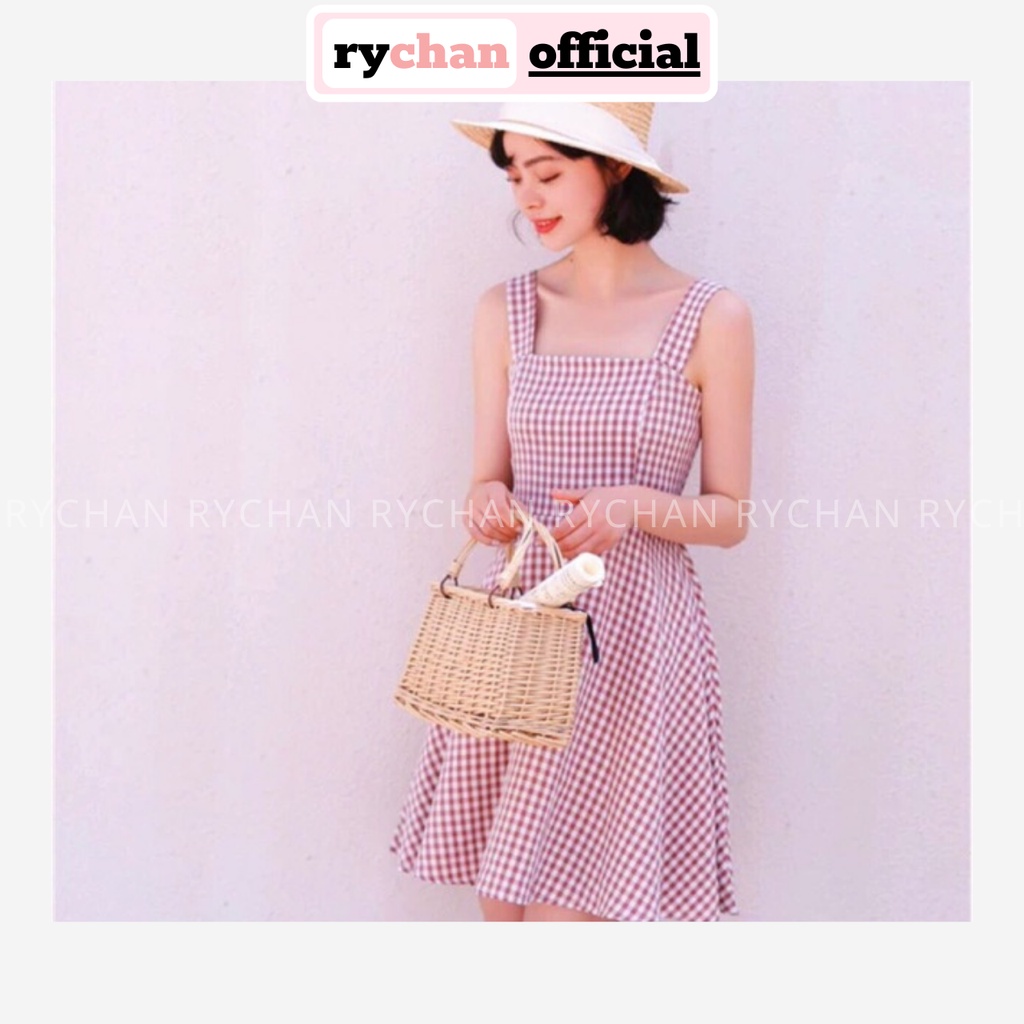 DX807 - Đầm Xòe Caro Hồng Hai Dây