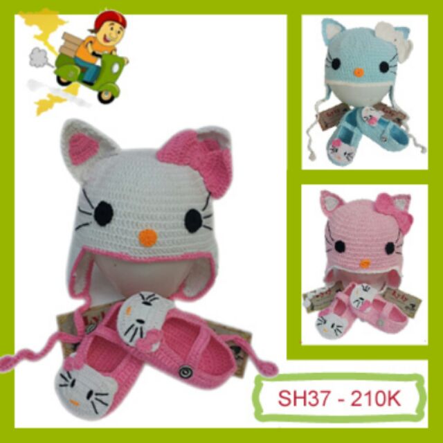 Set nón len,giày len mèo kitty