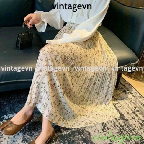 Chân váy xếp li hoa nhí có lót trong - Chân váy hoa nhí dáng dài dày dặn Ullzang kèm video+ảnh thật vintagevn