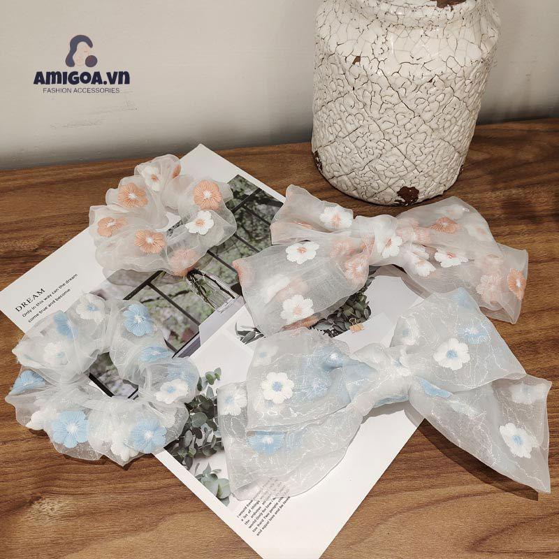 Dây Buộc Tóc Thắt Nơ Thêu Họa Tiết Hoa Cúc Xinh Xắn Thời Trang