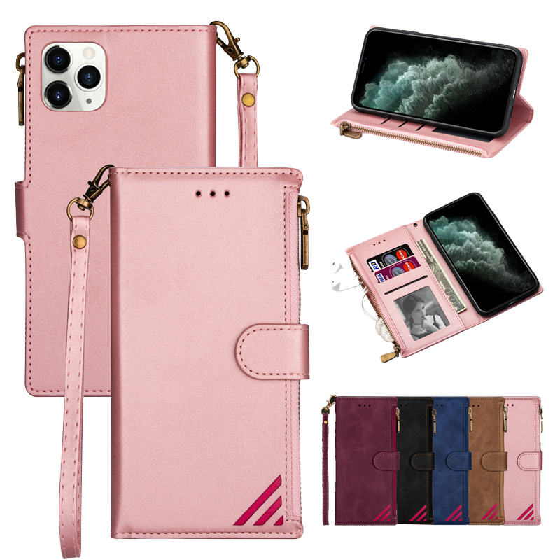 Bao da điện thoại mềm nắp lật kiểu ví đựng thẻ có dây kéo cho For IPhone 6 7 8 Plus 12 Mini XS Max XR X Se2