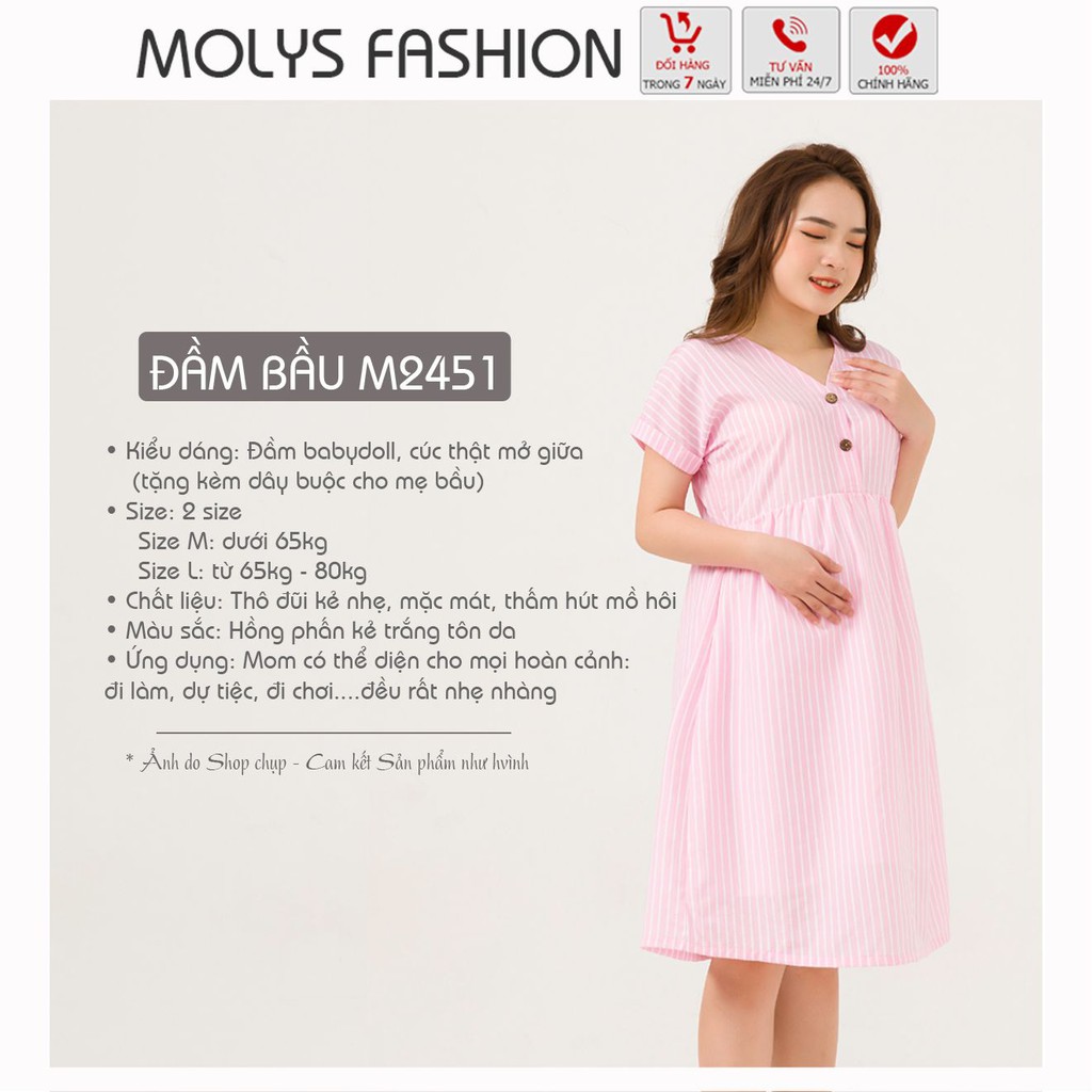 Váy bầu thiết kế dáng baybydoll MOLYS M2451 cúc giữa vải thô đũi hồng phấn kẻ trắng tôn da, đủ size mặc đến hết thai kỳ