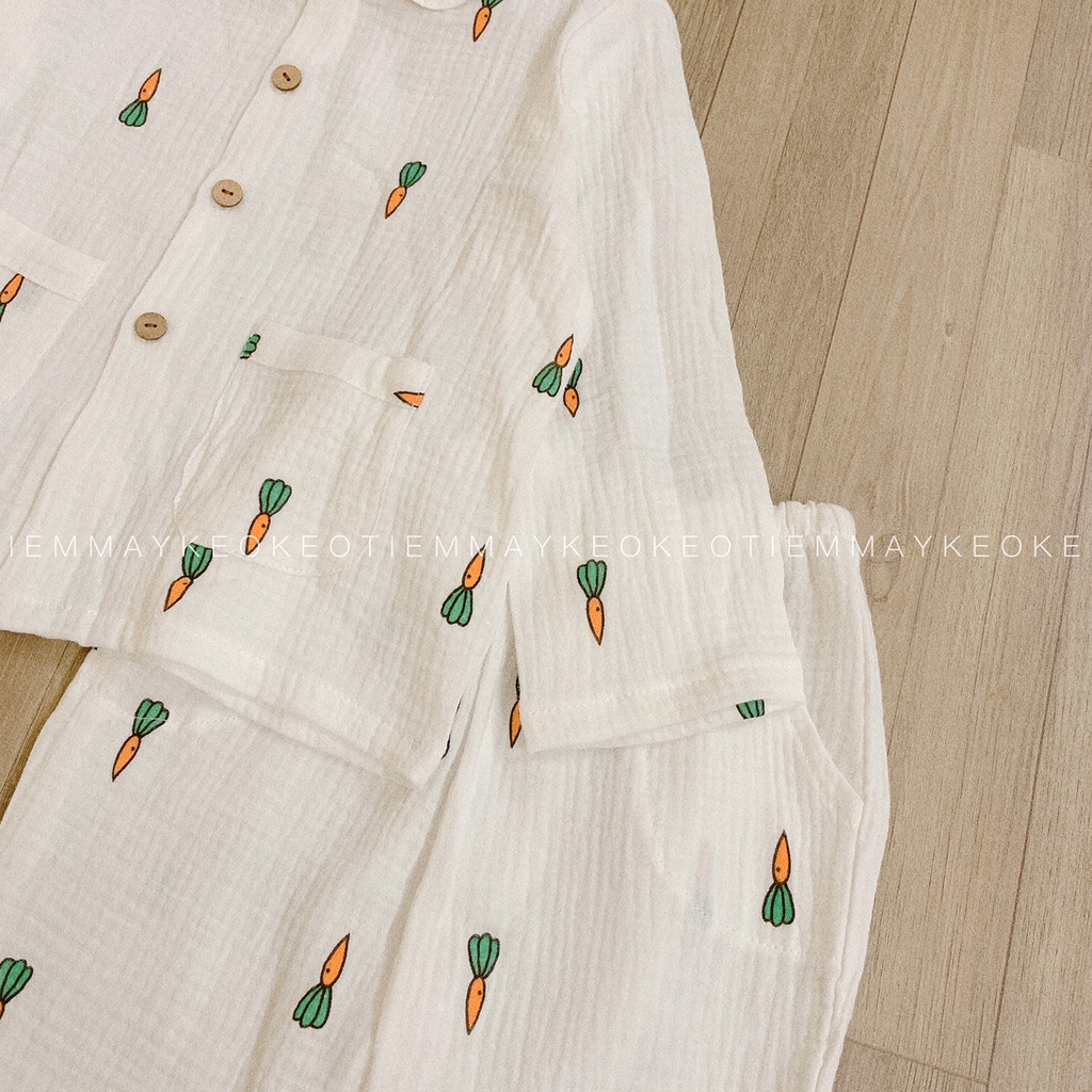 Bộ dài tay hoạ tiết cà rốt Tiemmaykeokeo vải xô mulin mềm mại cao cấp cho bé gái nhiều mẫu vải đẹp hàng may đo kĩ loại 1