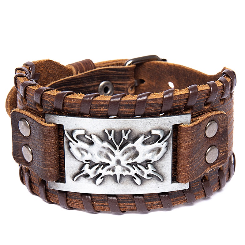 Vòng Tay Dây Da Mặt Hình Đầu Lâu Phong Cách Viking Cho Nam