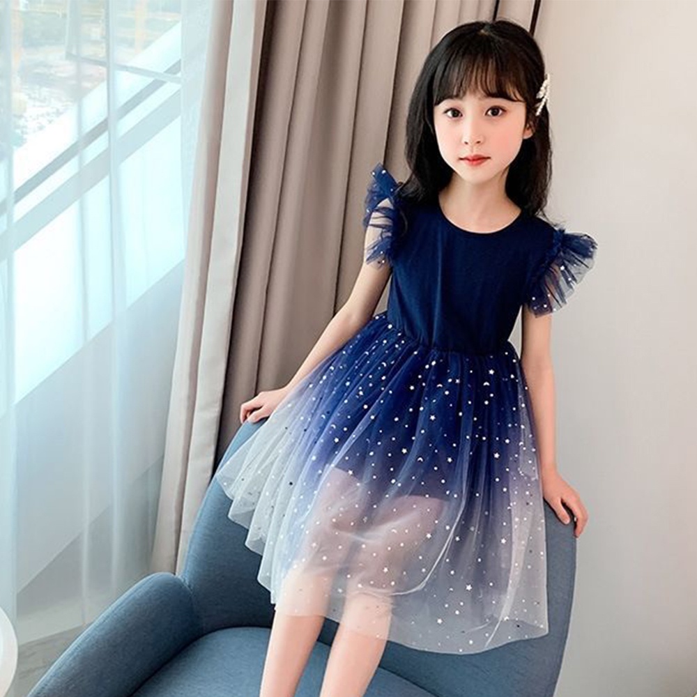 Đầm Công Chúa Tay Ngắn Phối Ren Lưới Màu Gradient Dễ Thương Cho Bé Gái