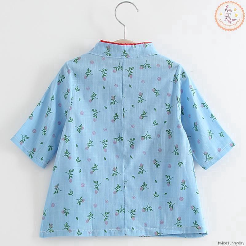 Đầm ngắn tay in hoa phong cách Trung Quốc cho bé gái
