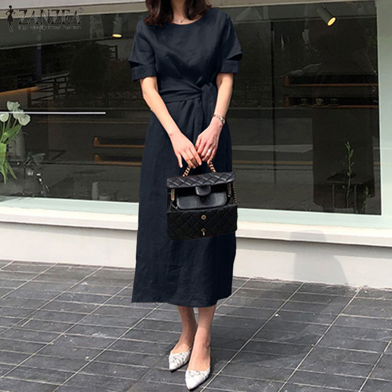 Đầm ZANZEA Cổ Tròn Tay Ngắn Cotton Trơn Cột Dây Xẻ Tà