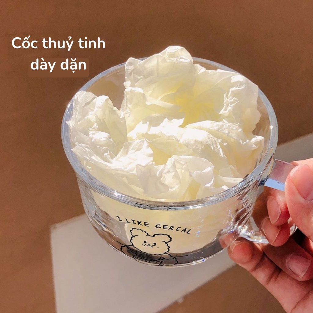 Cốc thuỷ tinh to 480ml hoa văn chữ hình hoạt hình ăn ngũ cốc 480ml có quai K-House Smart