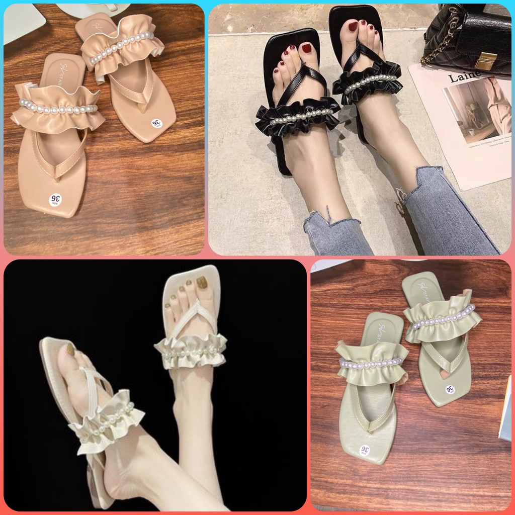 Dép nữ bế bằng kẹp ngón nhún nhúm đính ngọc xinh xắn dễ thương phong cách tiểu thư sang chảnh - DKNN ULZZANG STYLE+++