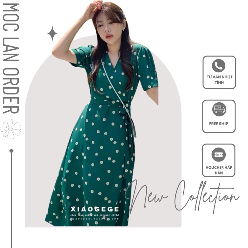 (MộcLan ORDER) Váy MORAN xòe dài hoa cúc nhí cổ V thắt eo điệu đà Vintage Hàn Quốc mùa hè