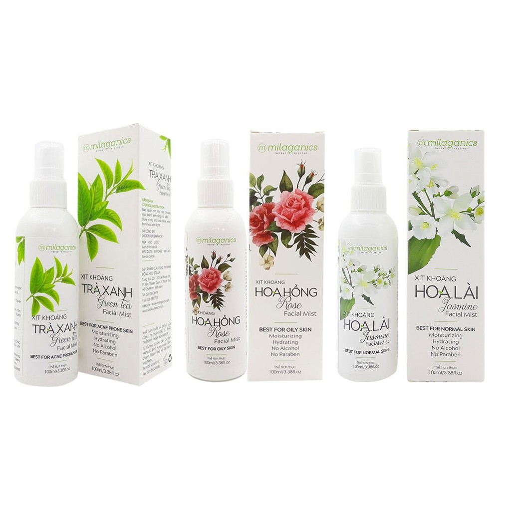 Xịt Khoáng Cấp Nước, Ngăn Ngừa Mụn Trà Xanh - Nha Đam - Hoa Hồng Milaganics 100ml