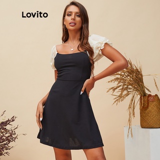 Đầm Lovito phối lưới tương phản tay phồng ren màu trơn L15X069 (Màu đen)