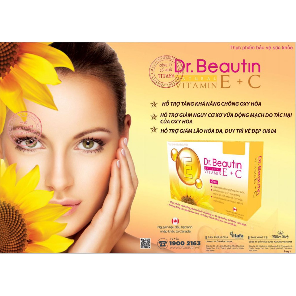 Dr.Beautin Natural Vitamin E + C 30 viên - Hỗ trợ tăng khả năng chống oxy hóa, giảm lão hóa da và duy trì vẻ đẹp cho da