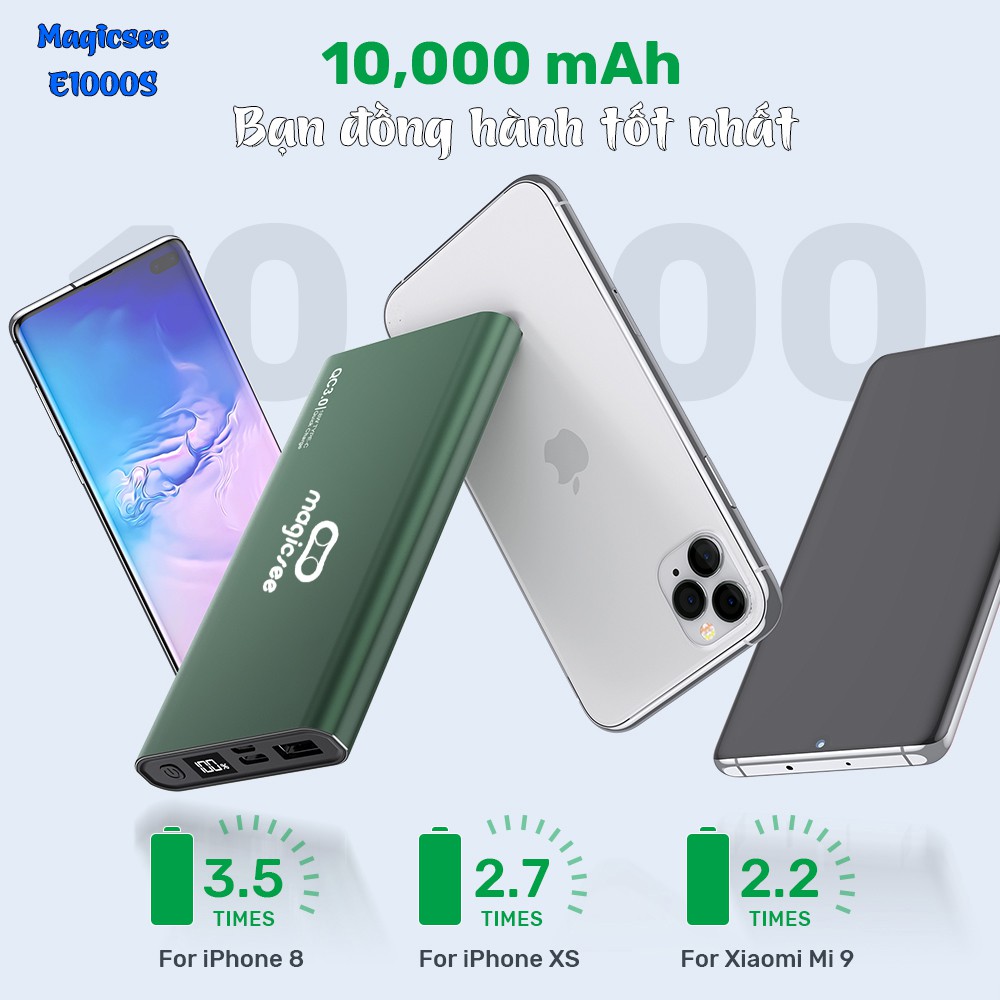 Pin sạc dự phòng Magicsee E1000S 10000mAh 18W - Đèn Led hiển thị Dung lượng Pin - 2 Cổng sạc nhanh USB, 1 Cổng sạc TypeC