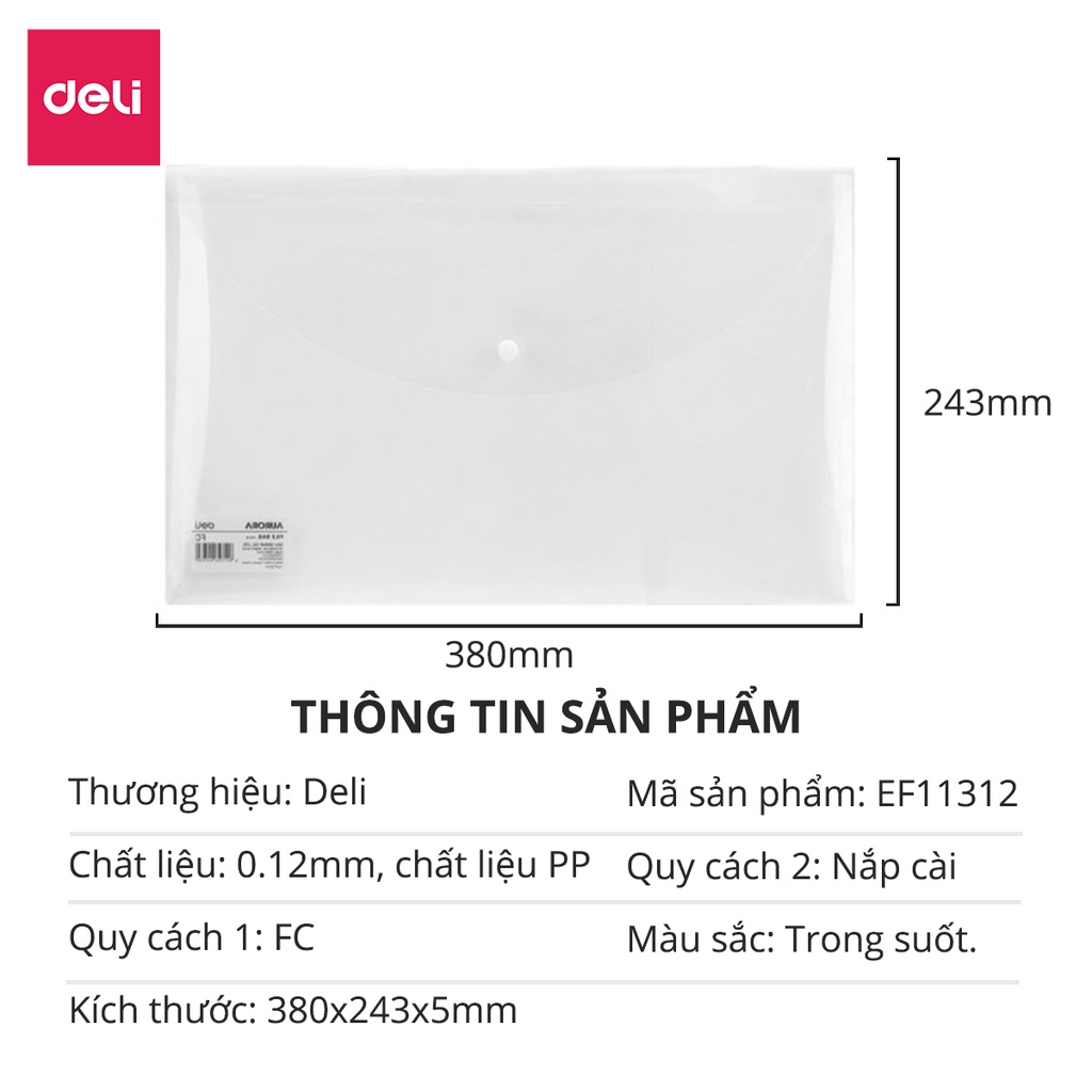 Túi cúc trong suốt đựng tài liệu Deli - có khuy clear bag khổ A4 - 1 chiếc - EF11312