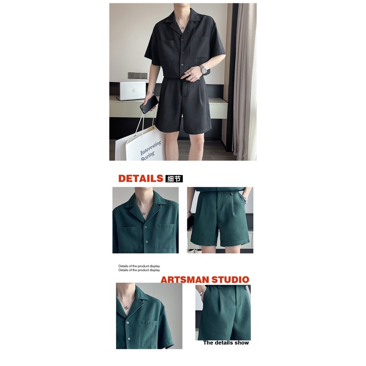 Set 2 món gồm áo sơ mi tay ngắn cổ vest + quần short dáng rộng phong cách thường ngày cho nam