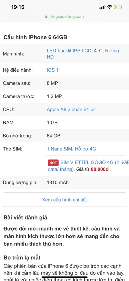 Điện Thoại App iphone 6 64G. Hàng chính hãng, Máy cũ đẹp 90-95%.