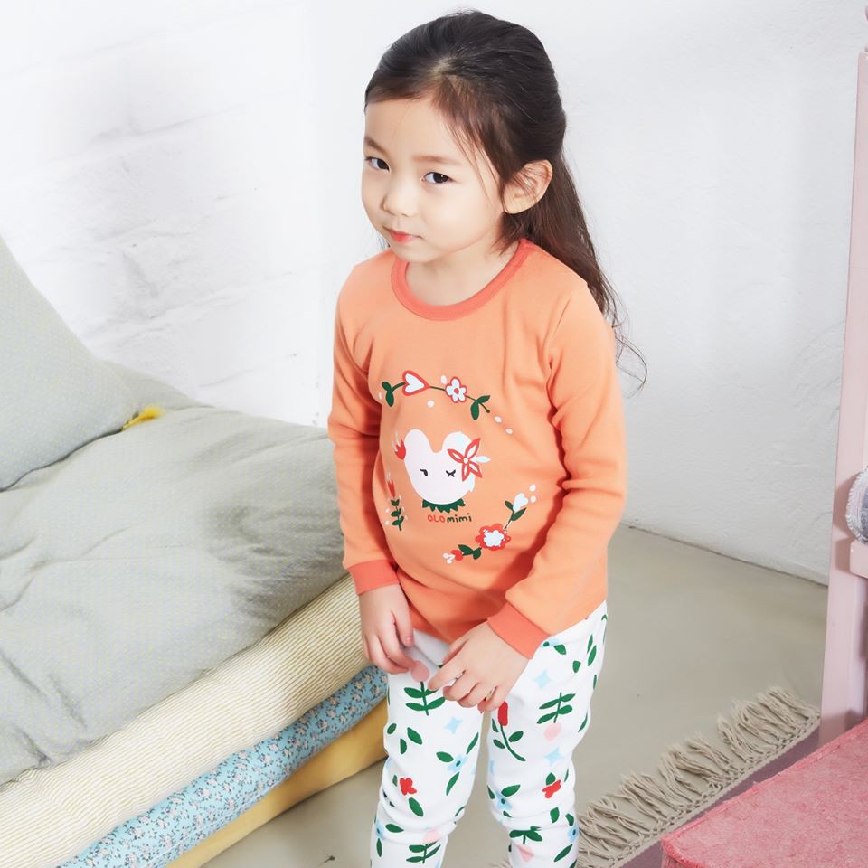 Bộ pijama dài tay bé gái Pink Flower 100% cotton - Olomimi Hàn Quốc