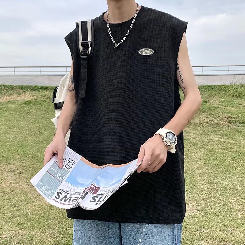 Áo Sweater Dệt Kim Sát Nách Dáng Rộng Màu Sắc Đơn Giản Phong Cách Harajuku Cho Nam